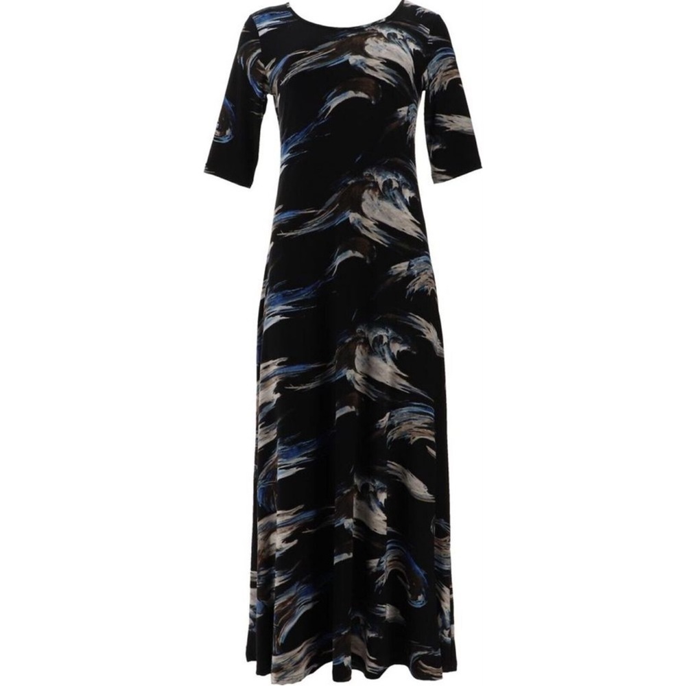 Attitudes Renee Como Jersey Elbow Slv Maxi Dress Navy Brushstroke
